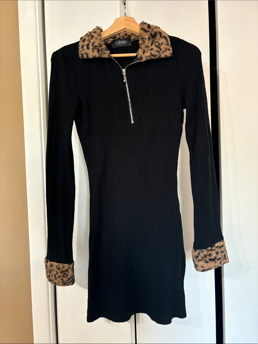 Cider Black Ribbed Knit Dress with Leopard Trim Collar & Cuffs